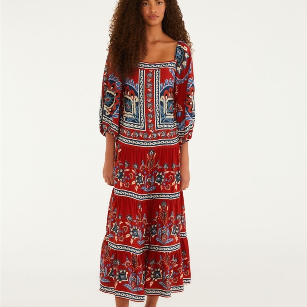 Farm Rio Lenço Náutico Puff Sleeve Square Neck Midi Dress Red Scarf Print